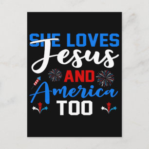Hon älskar Jesus och Amerika också Retro patriotis Helg Vykort