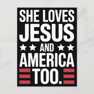 Hon älskar Jesus och Amerika också Retro patriotis Helg Vykort
