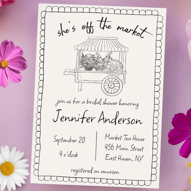 "Hon är borta från marknaden" Möhippan i Hand ploc Inbjudningar (she's off the market farmers market theme bridal shower hand drawn quirky doodle handwritten wedding)