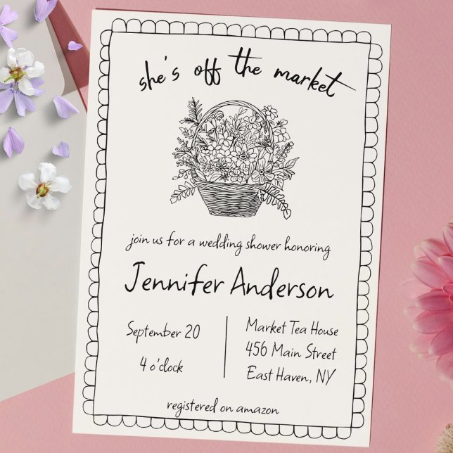 "Hon är borta från marknaden" Möhippan i Hand ploc Inbjudningar (shes off the market bridal shower hand drawn floral bridal shower doodle scribble sketch quirky cute)