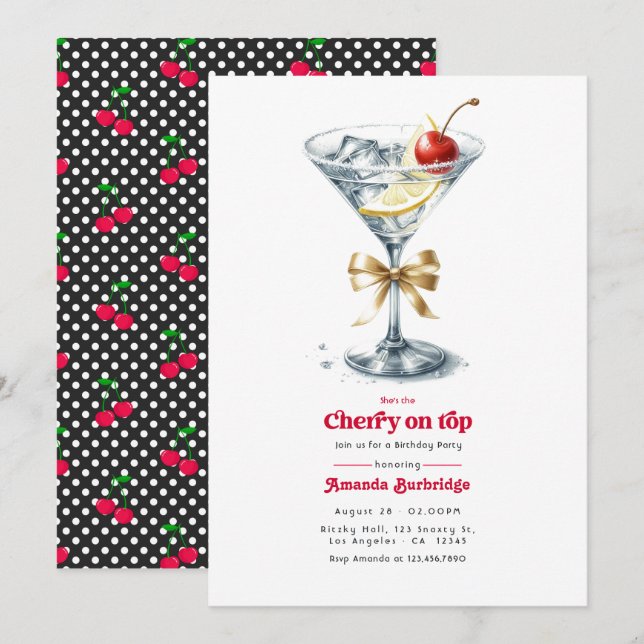 Hon är Cherry on Top Martini Födelsedagsfest Inbjudningar (Fram/baksida)