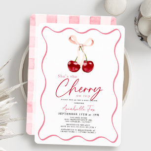 Hon är Cherry på Top Ribbon Gingham Baby Shower Inbjudningar