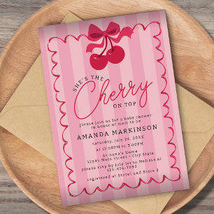 Hon är Cherry på Top Rosa Baby Shower Inbjudningar
