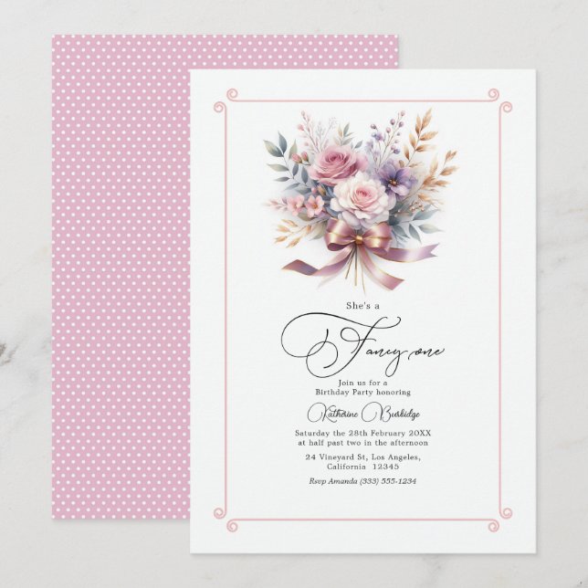 "Hon är en elegant en" blomsterbukett 1-års födels Inbjudningar (Fram/baksida)