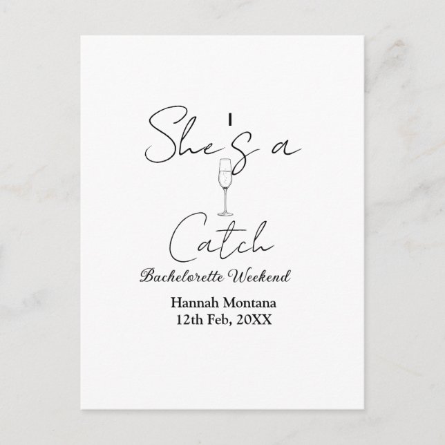 Hon är en fångst champagneflaska möhippa veckoslut vykort (Framsida)