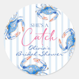 Hon är en fångst Preppy Coastal Crab Bröllopsdusch Runt Klistermärke
