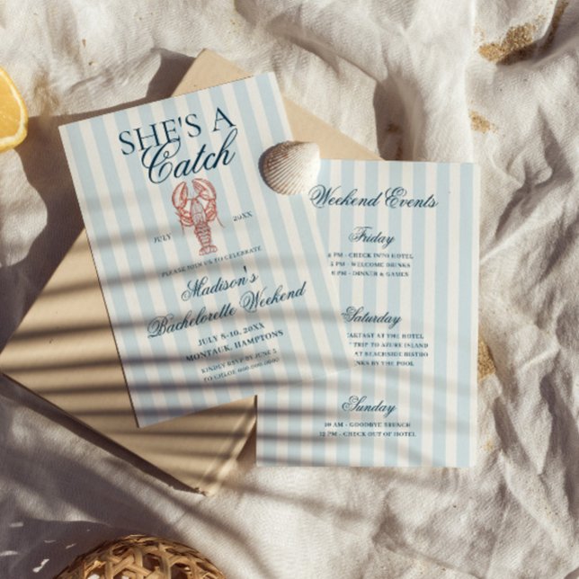 Hon är en fångsten i Lobster Blue Stripe Bachelore Inbjudningar (Skapare uppladdad)