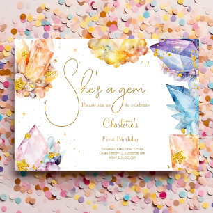 Hon är en Gem Birthday Crystals Girl's water color Inbjudningar