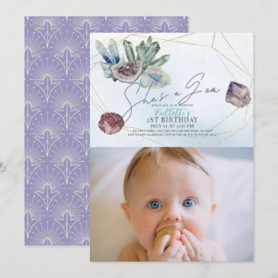 Hon är en Gem Crystals Gemstone Geology 1:a Birthd Inbjudningar