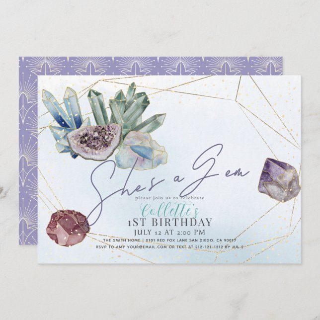 Hon är en Gem Crystals Gemstone Geology 1:a Birthd Inbjudningar (Fram/baksida)