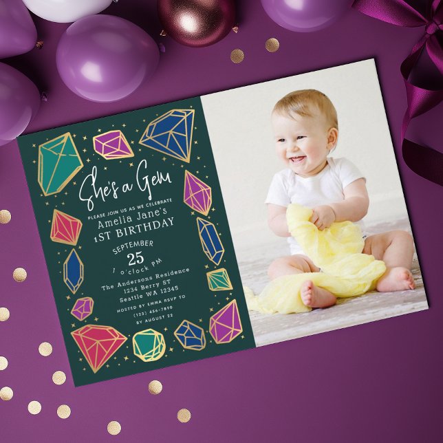 Hon är en Gem Crystals Gemstone Kid Photo Birthday Inbjudningar (Skapare uppladdad)