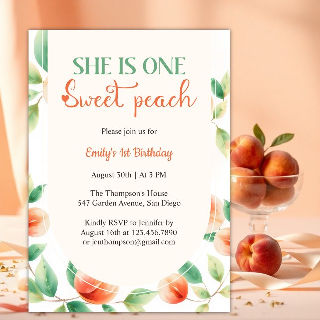 Hon är en söt persiko-flickans födelsedag inbjudningar (She Is One Sweet Peach First Birthday Party for Baby Girl Invitation)