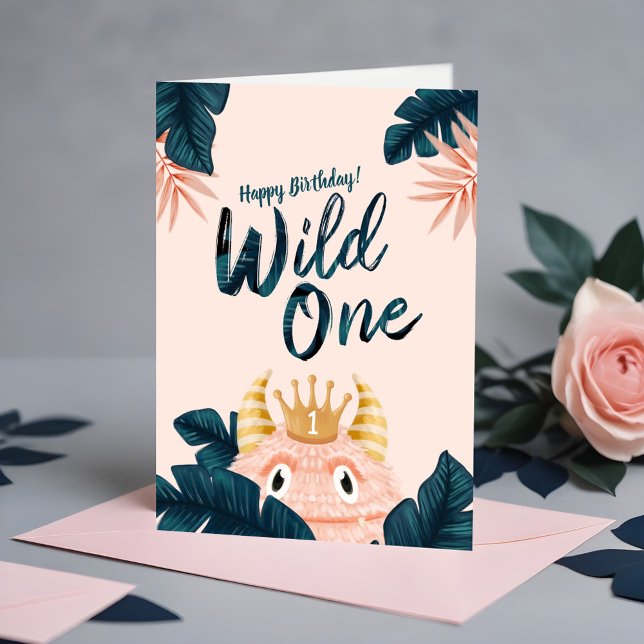 Hon är en Vild En Rosa Monster och Tropical Jungle Kort (She's a Wild One Pink Monster & Tropical Jungle Card)