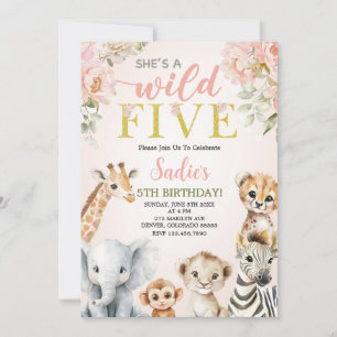 Hon är en vild fem Flora Safari-flicka 5-årsdag Inbjudningar