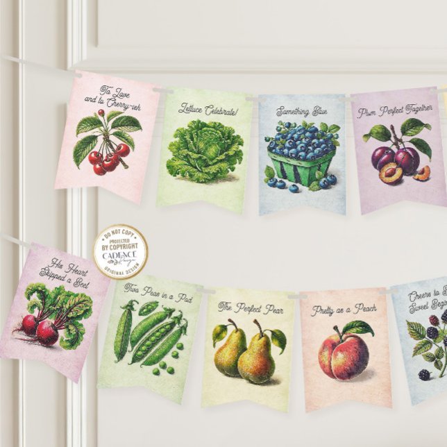 Hon är färsk från Möhippan Bunting Banner. Vimplar (She's Off the Market Bridal Shower Bunting with fruits and vegetables and clever love-themed puns)