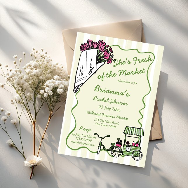 Hon är färsk från möhippan på marknaden inbjudningar (She's fresh of the market bridal shower invitation card template handrawn wavy border sketch flowers)