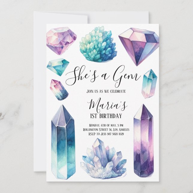 Hon är Gem Crystals Gemstone Geology Kid Birthday Inbjudningar (Framsida)