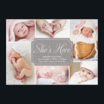 Hon är här | Födelsemeddelande Meddelande<br><div class="desc">Den här designen innehåller sex av dina nya samlade foton med födelseinformation i mitten.</div>