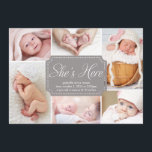 Hon är här | Födelsemeddelande Meddelande<br><div class="desc">Den här designen innehåller sex av dina nya samlade foton med födelseinformation i mitten.</div>