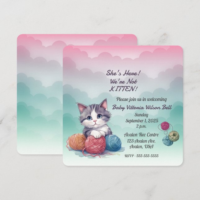 Hon är inte Kitten Clouds Yarn. Inbjudningar (Fram/baksida)