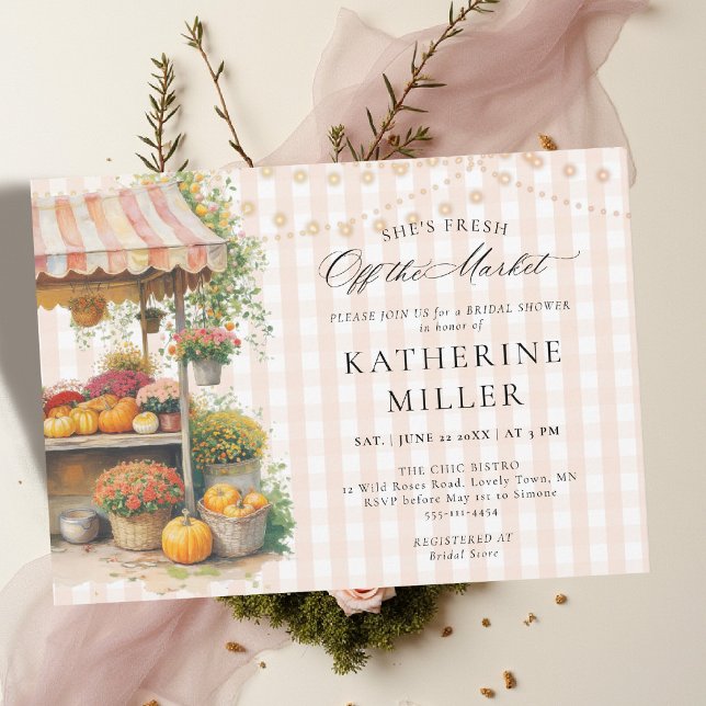 Hon är inte på marknaden Höstskörd Bröllopsdusch Inbjudningar (shes off the market bridal shower invitation fall autumn harvest pumpkin floral watercolor stand)