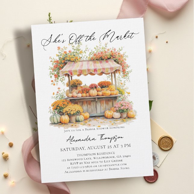 Hon är inte på marknaden Pumpa Höst Bröllopsdusch Inbjudningar (off the market bridal shower invitation fall autumn harvest pumpkin floral watercolor calligraphy)