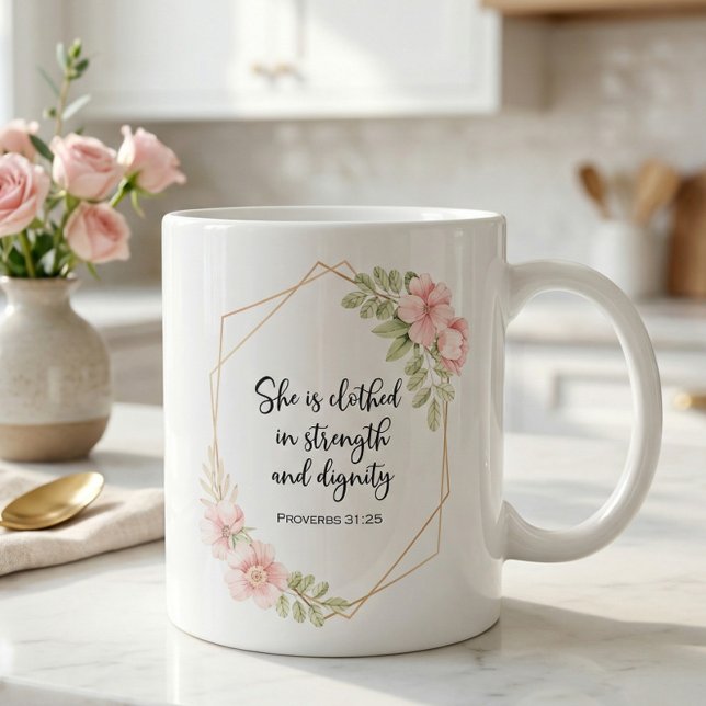 Hon är klädd i styrka och värdighet Blommig Kaffemugg (Skapare uppladdad)