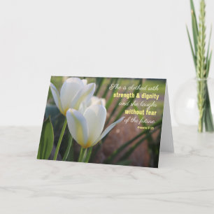 Hon är klädd Proverbs 31:25 White Tulip Kort