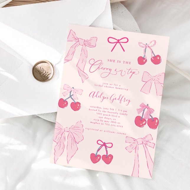 Hon är Möhippan för Cherry on Top Rosa Bow Inbjudningar (Skapare uppladdad)