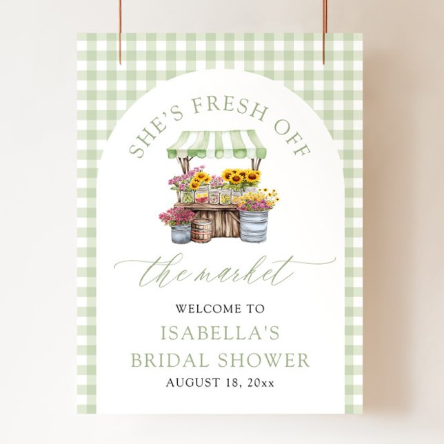 Hon är ny på marknaden Bröllopsdusch-välkomsthälsn Poster (Green She's Fresh Off the Market Bridal Shower Welcome Sign)