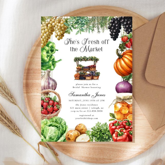 Hon är ny på marknaden Gingham Bröllopsfest Inbjudningar (Skapare uppladdad)