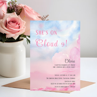 Hon är på Cloud 9 Rosa Watercolor Möhippa Inbjudningar