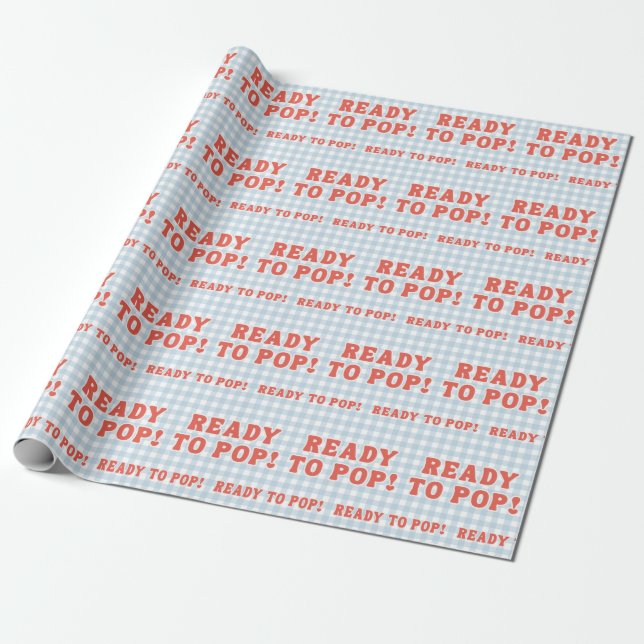Hon är redo att poppa Baby Shower Blå Retro Gingha Presentpapper (Utrullad)