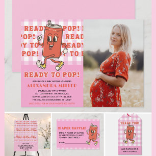Hon är redo att poppa Baby Shower Rosa Rutig Foto Inbjudningar