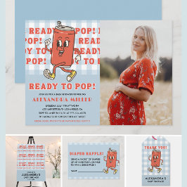 Hon är redo att poppa Babykalas Blå Gingham Foto Inbjudningar