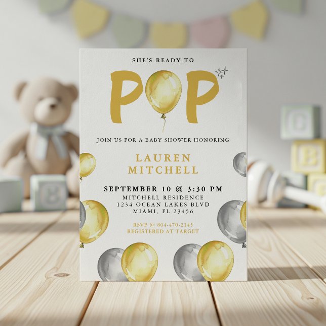 Hon är Redo till Guld-babyskabruk. Inbjudningar (She's Ready To Pop Balloons Gold Baby Shower Invitation
)