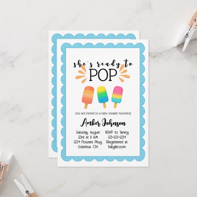 Hon är Redo till inbjudan till popup Baby Shower. (Fram/Back In Situ)