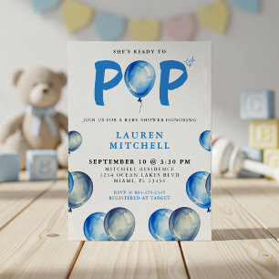 Hon är Redo till pop Balloons Blue Boy Baby Shower Inbjudningar