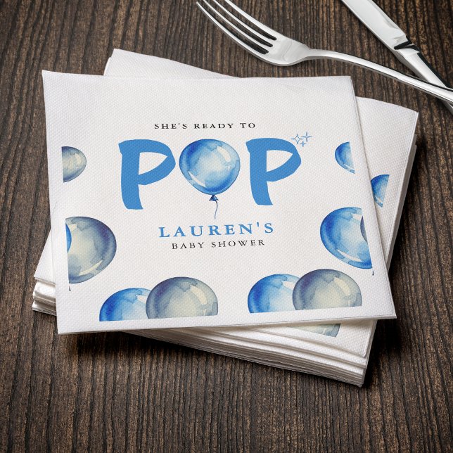 Hon är Redo till pop Balloons Blue Boy Baby Shower Pappersservett (She's Ready To Pop Balloons Blue Boy Baby Shower Napkins
)