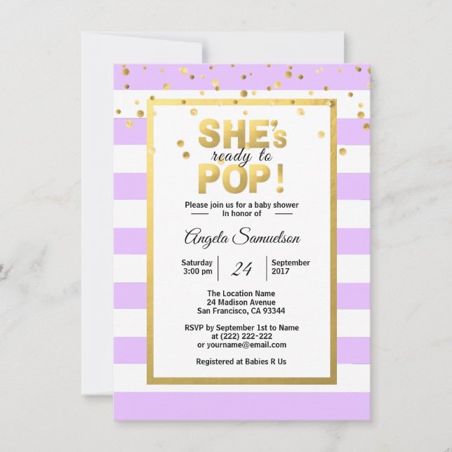 Hon är Redo till POP Guld Lavender Baby Shower Inbjudningar (Framsida)