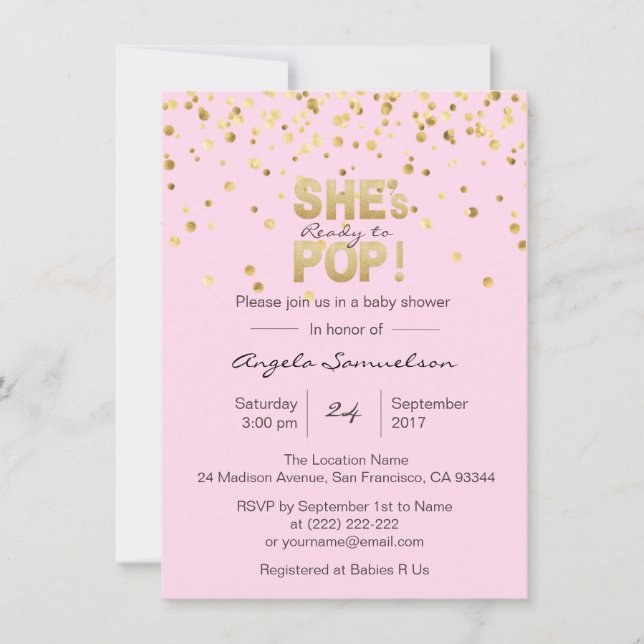 Hon är Redo till POP Rosa Guld Baby Shower Inbjudningar (Framsida)