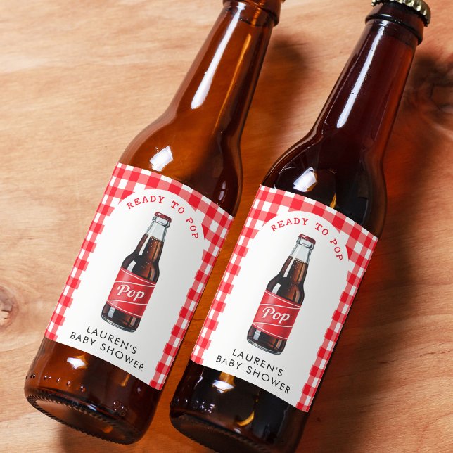 Hon är Redo till Pop Soda Play Red Baby Shower Ölflaska Etikett (She's Ready to Pop Soda Plaid Red Baby Shower Beer Bottle Label
)