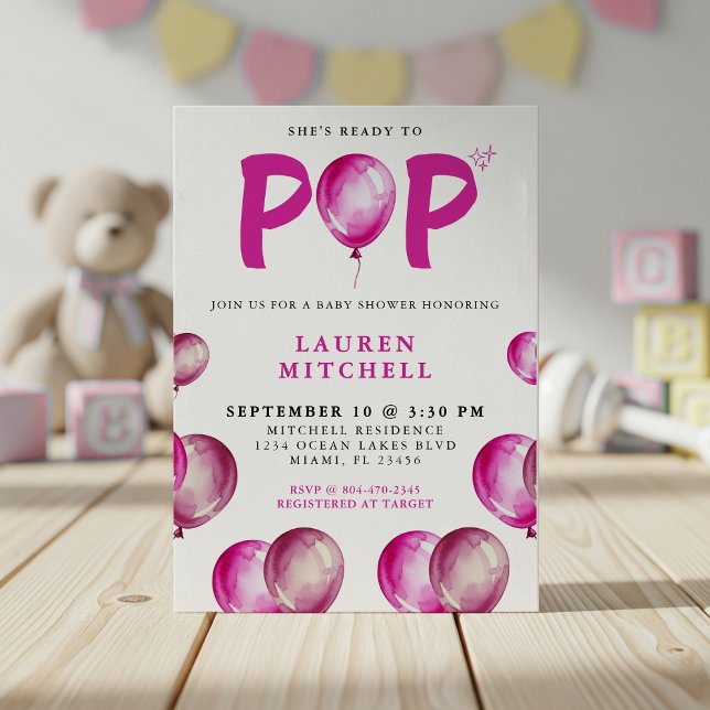 Hon är Redo till Rosa  Baby Shower. Inbjudningar (She's Ready To Pop Balloons Pink Girl Baby Shower Invitation
)