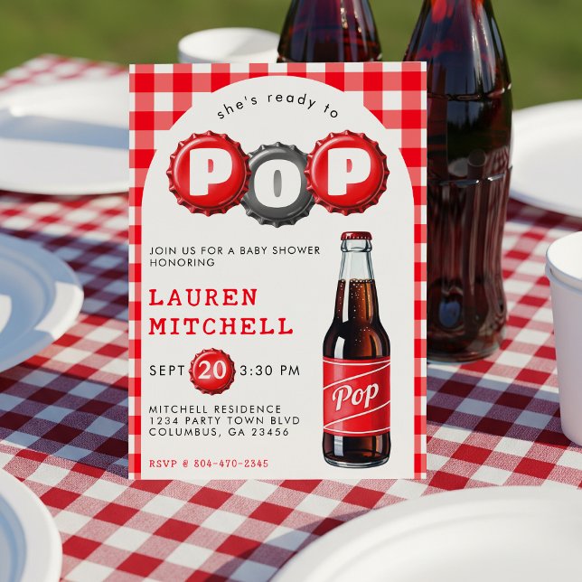 Hon är Redo till soda Plade Red Baby Shower Inbjudningar (She's Ready To Pop Soda Plaid Red Baby Shower Invitation
)