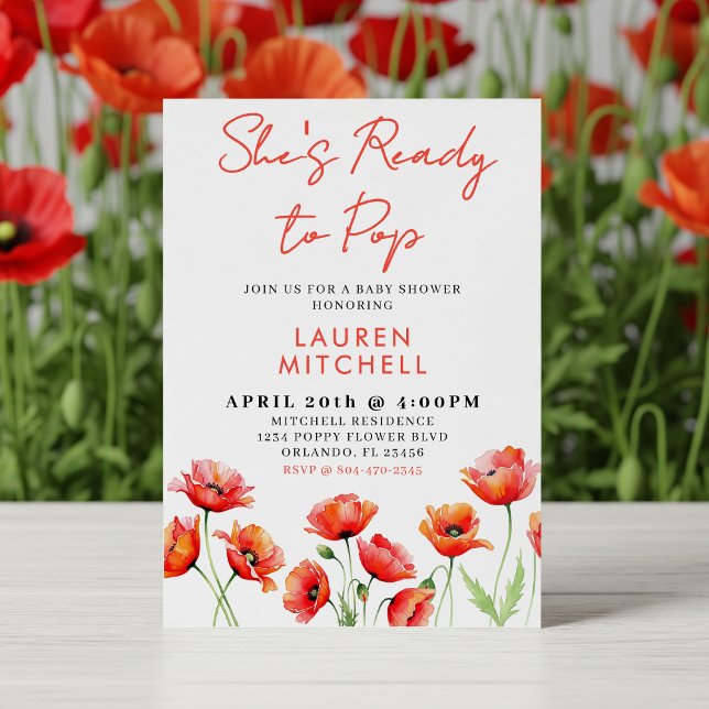 Hon är Redo till vallmoblommor i Vår-babyskor Inbjudningar (She's Ready to Pop Poppy Flower Floral Spring Baby Shower Invitation)