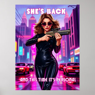 Hon är tillbaka - Retro Femme Neon-filmkonst Poste Poster