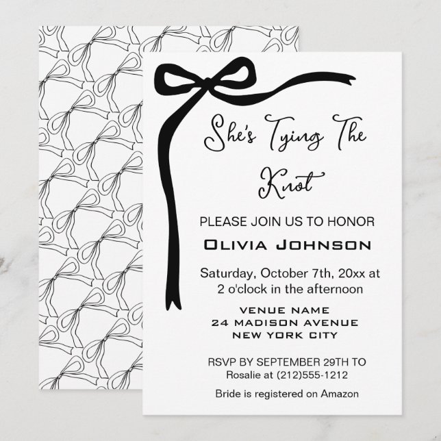 Hon är Tying Knot Black Bow Gräns Möhippa Inbjudningar (Fram/baksida)