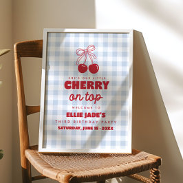 Hon är vår körsbär på toppen Blå Gingham Födelseda Poster