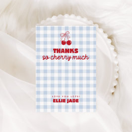 Hon är vår körsbär på toppen blå Gingham födelseda Tack Kort