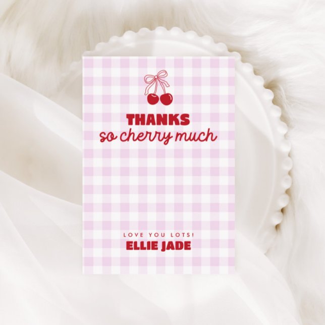 Hon är vår körsbär på toppen rosa Gingham födelsed Tack Kort (Skapare uppladdad)